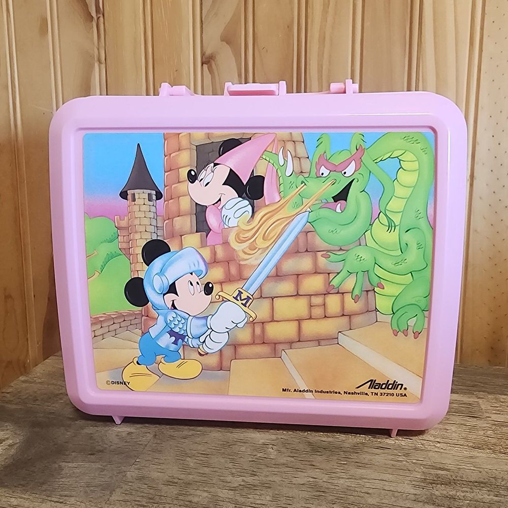 Vintage Mickey & Minnie Mouse Dragon Pink Aladdin Plastic Lunch Box Thermos